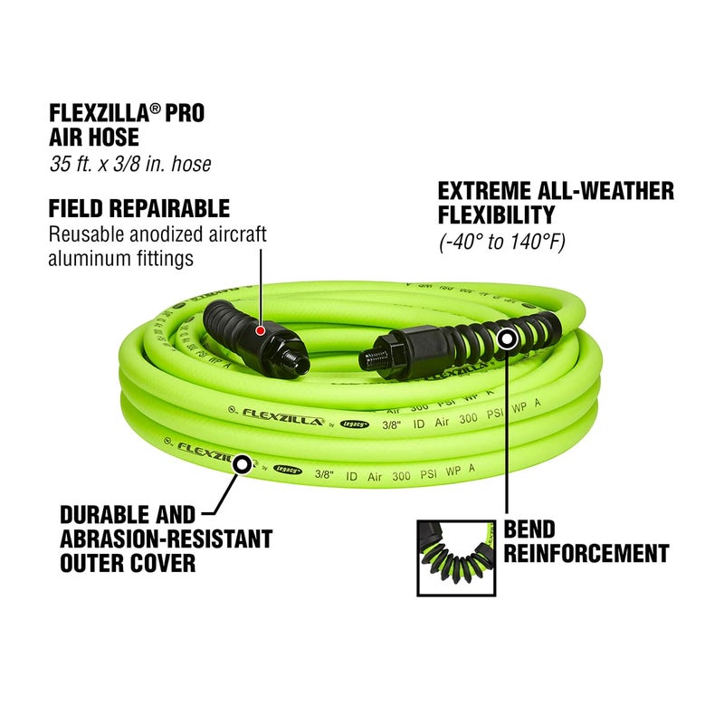 Flexzilla Pro Air Hose, 3/8 in. x 35 ft., Heavy Duty, Lightweight, Hybrid, ZillaGreen - HFZP3835YW2 - Image 3